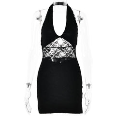 Halter lace patchwork v neck backless mini dress