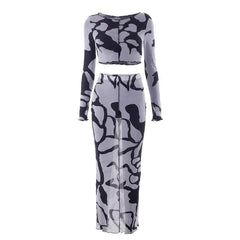 Sheer mesh see through long sleeve stitch contrast maxi skirt set-final-sale