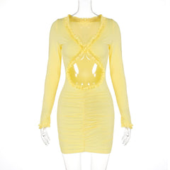Long sleeve v neck hollow out ruffle cut out mini dress