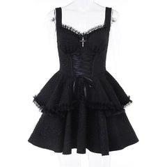 Backless lace up zip-up textured solid lace hem mini dress | victorian gothic dresses-final-sale
