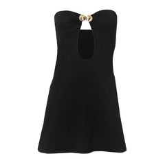 Metal applique hollow out solid tube cut out mini dress