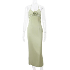 Flower applique zip-up halter ruched slit solid midi dress-final-sale