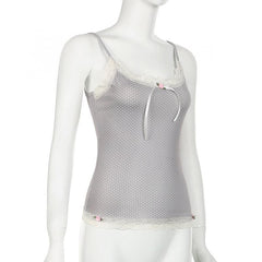 Lace hem polka dot rose applique cami top