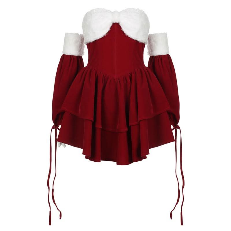 Fluffy sweetheart neck gloves fluffy self tie mini dress