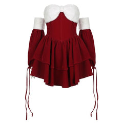Fluffy sweetheart neck gloves fluffy self tie mini dress