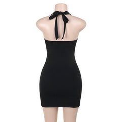 Halter self tie beaded ruched v neck mini dress