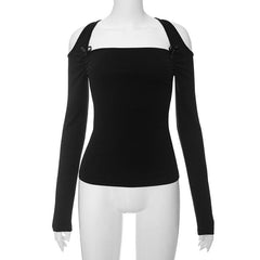 Ruched bowknot hollow out long sleeve solid cut out top