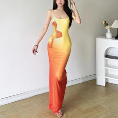 U neck gradient flower print cami maxi dress