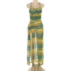 Sheer mesh contrast high slit ruched knotted cami maxi dress