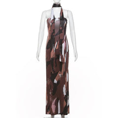 Print ruched backless hollow out tube cut out maxi dress