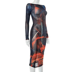 Sheer mesh see through backless contrast print long sleeve midi dress-final-sale
