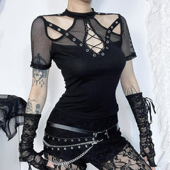 Short sleeve fishnet hollow out patchwork cut out top
