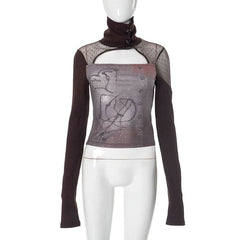 Long sleeve hollow out high neck button print cut out top