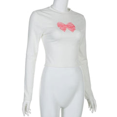 Bowknot pattern contrast long sleeve crewneck top-final-sale