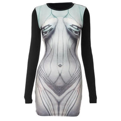 Body print contrast long sleeve round neck mini dress-final-sale