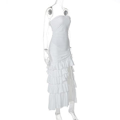 Ruffle ruched slit backless tube midi dress