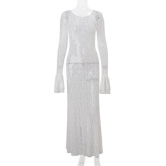 Long flared sleeve lace see through maxi dress