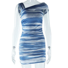 Off shoulder irregular print ruched mini dress