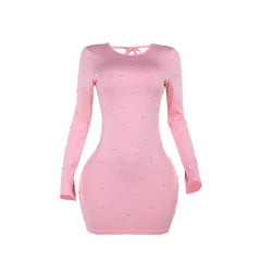 Crewneck long sleeve beaded backless mini dress-final-sale