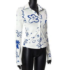 Turnover collar button contrast print long sleeve top-final-sale