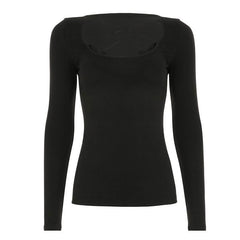 Cross front lace hem long sleeve hollow out cut out top