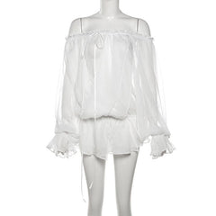 One shoulder chiffon long sleeve ribbon top