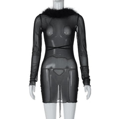 Long sleeve sheer mesh feather ruffle backless mini dress