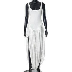 U neck ruched high slit backless cami maxi dress-final-sale