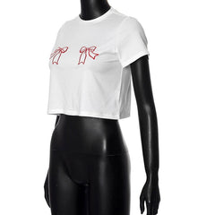 Short sleeve bowknot embroidery crewneck crop top