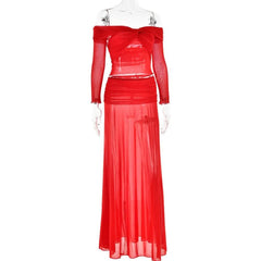 Long sleeve off shoulder sheer mesh maxi skirt set-final-sale
