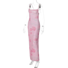 Print mesh knotted backless cami maxi dress