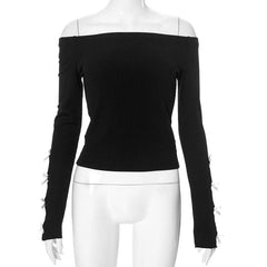 Long sleeve off shoulder bowknot hollow out ribbed cut out top-final-sale