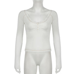 Long sleeve v neck lace hem button top