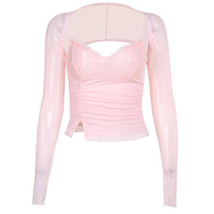 Lace patchwork mesh long sleeve ruched solid shrug cami top
