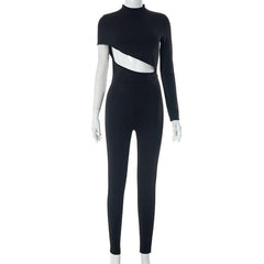 Hollow out irregular long sleeve high neck solid jumpsuit-final-sale