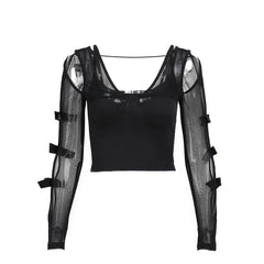 Long sleeve bowknot mesh v neck hollow out cut out top