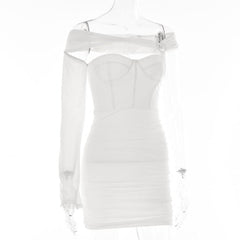 Solid one shoulder o ring hollow out mesh backless cut out mini dress-final-sale