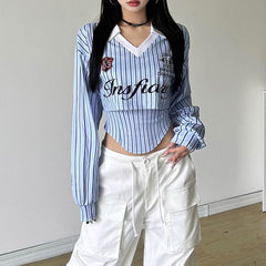 Turnover collar long sleeve striped letter print top