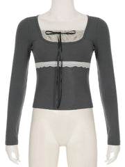 Long sleeve patchwork lace hem bowknot ruched top