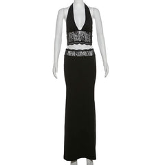 Halter v neck lace backless maxi skirt set