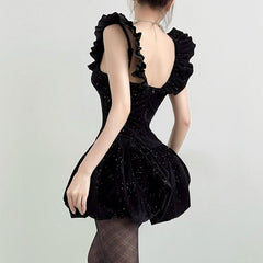 Glitter velvet ruffle flower applique 2-way cami mini dress
