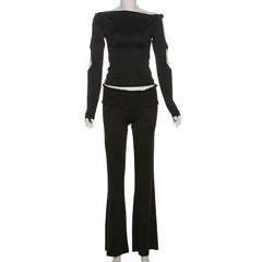 Long sleeve hollow out off shoulder smocked pant set