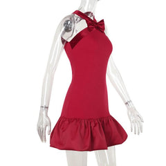 Halter bowknot cross back ruffle mini dress