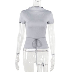 Short sleeve crewneck self tie backless top