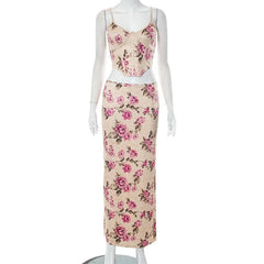 Flower print contrast corset slit backless cami maxi skirt set-final-sale