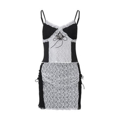 Lace drawstring ruched see through cami mini skirt set