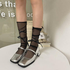 Sheer mesh ribbon contrast socks