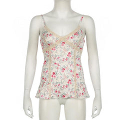 Print v neck lace hem ruffle knotted cami top