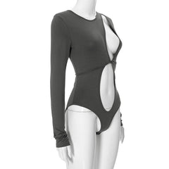 Hollow out long sleeve irregular self tie button bodysuit