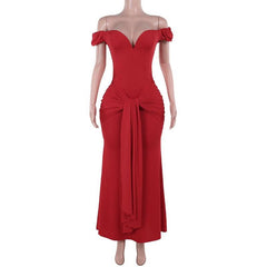 Off shoulder ruched knotted zip-up maxi dress
